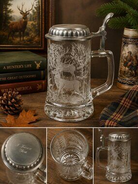 ALWE Vintage Etched Glass Deer Beer Stein Pewter Lid Hunting Tankard Italy